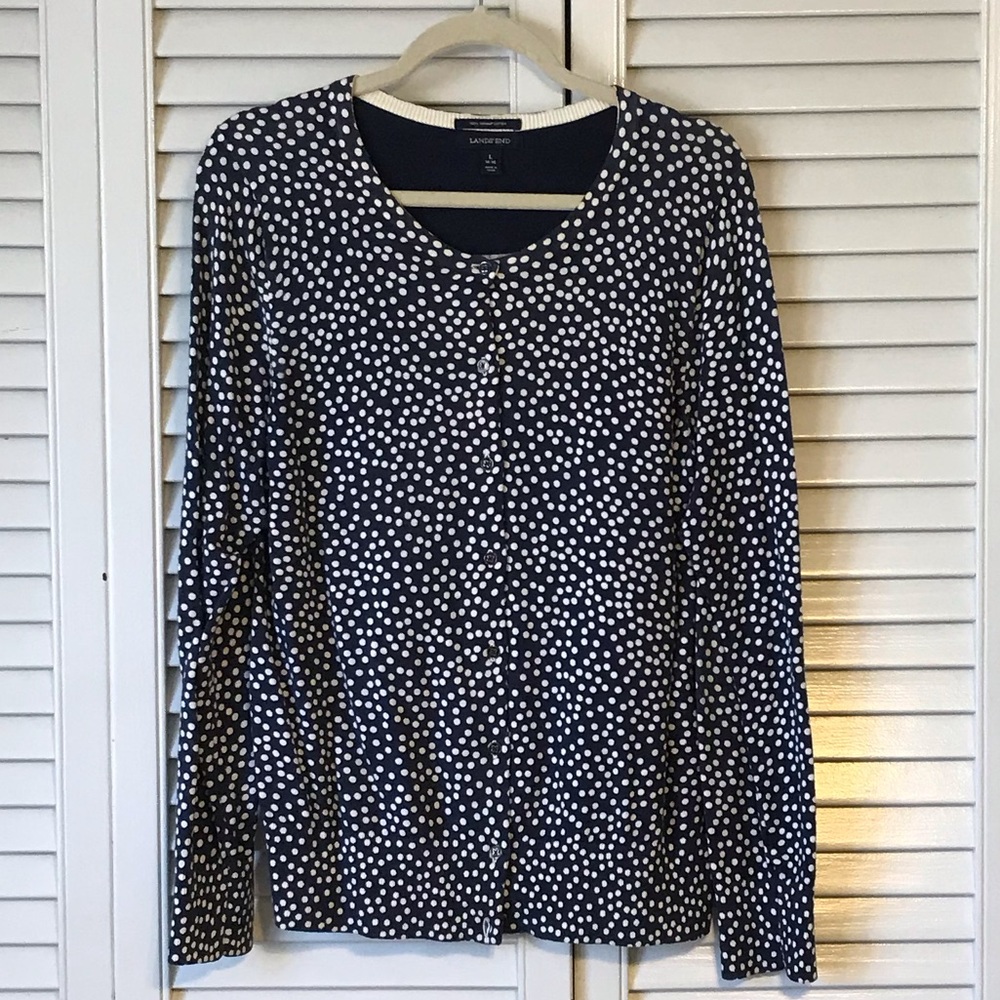 Lands' End Navy and White Polka Dot Cardigan
